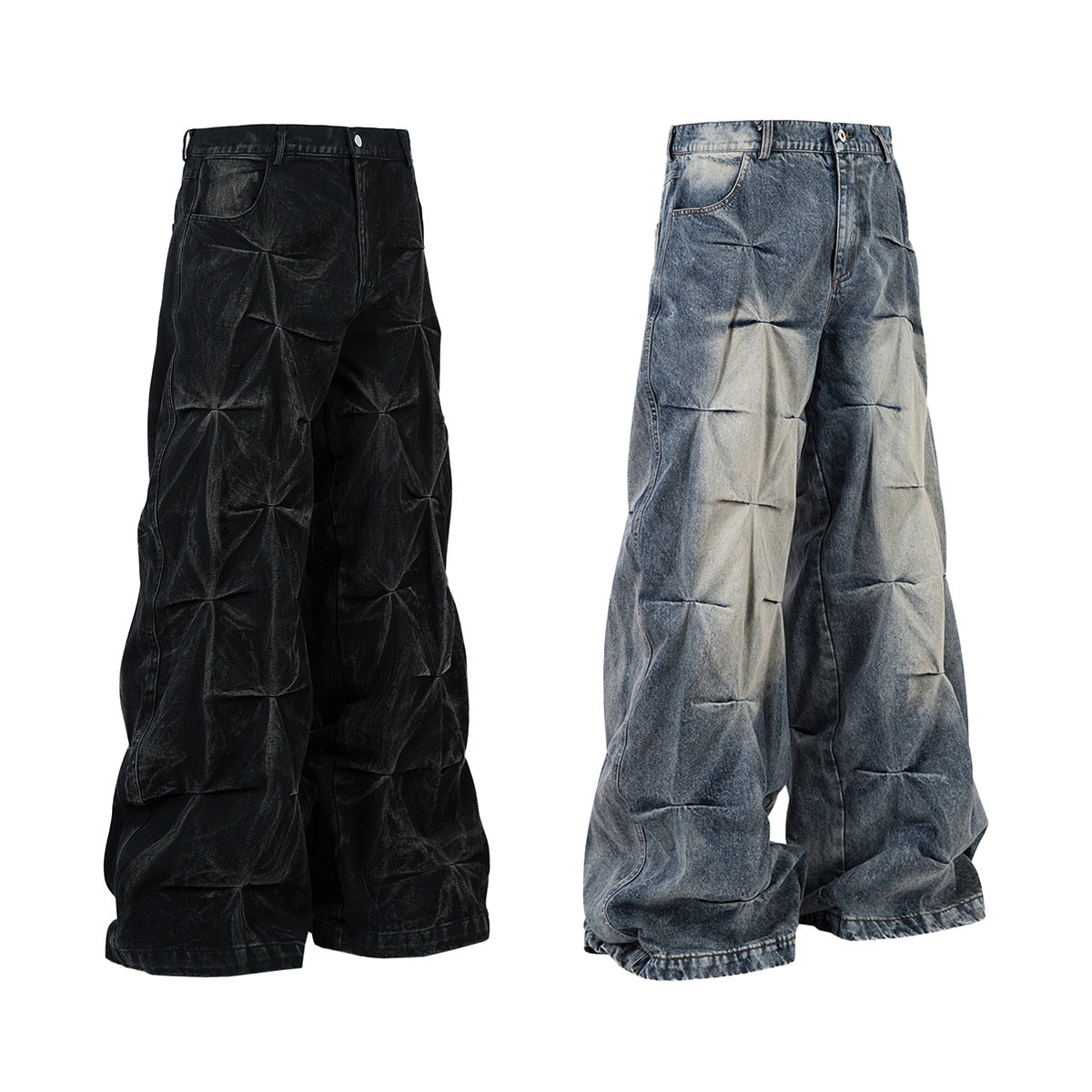 Heavy Washed Distressed Pleated Baggy Jeans