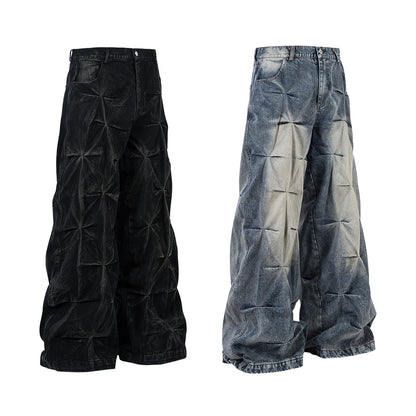 Heavy Washed Distressed Pleated Baggy Jeans