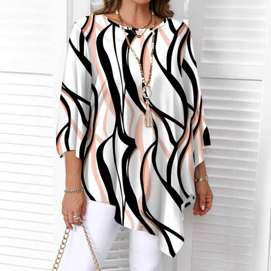 Women's Abstract Print Tunic Top Casual Loose Fit Blouse Asymmetrical Hem 3/4 Sleeve Plus Size Top
