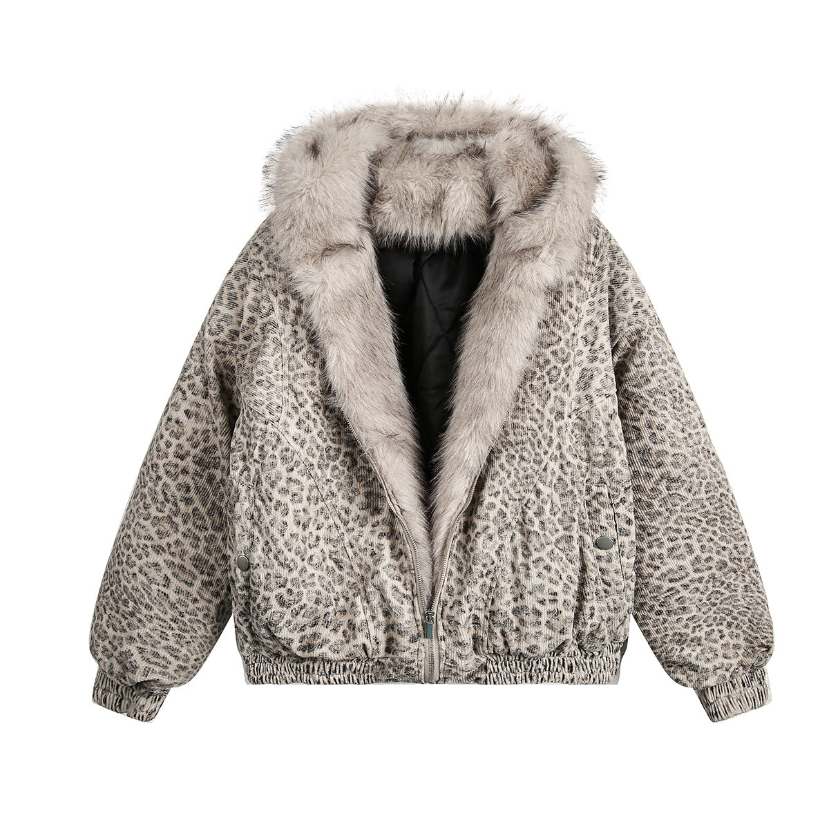 Retro Leopard Fur Collar Padded Bomber Jacket