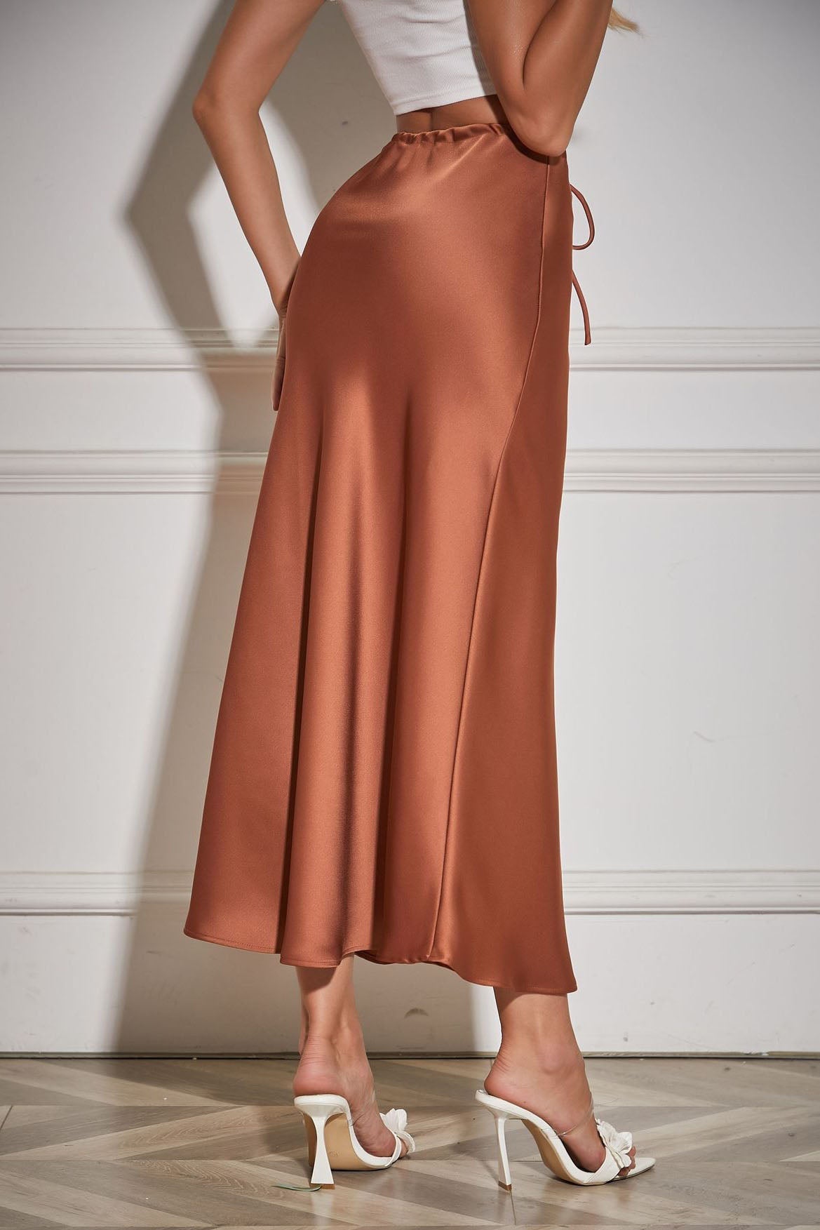 Satin High-Waisted Drawstring Belt Solid Color Midi Skirt - Seldom Seen Styles