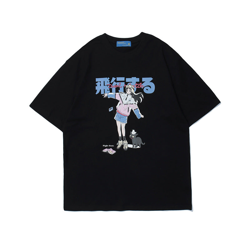 Crew Neck Short Sleeve Japanese Anime Girl Cat Graphic Print T-Shirt Loose Oversized Cyberpunk Streetwear Casual Summer Top | Hikō Girl