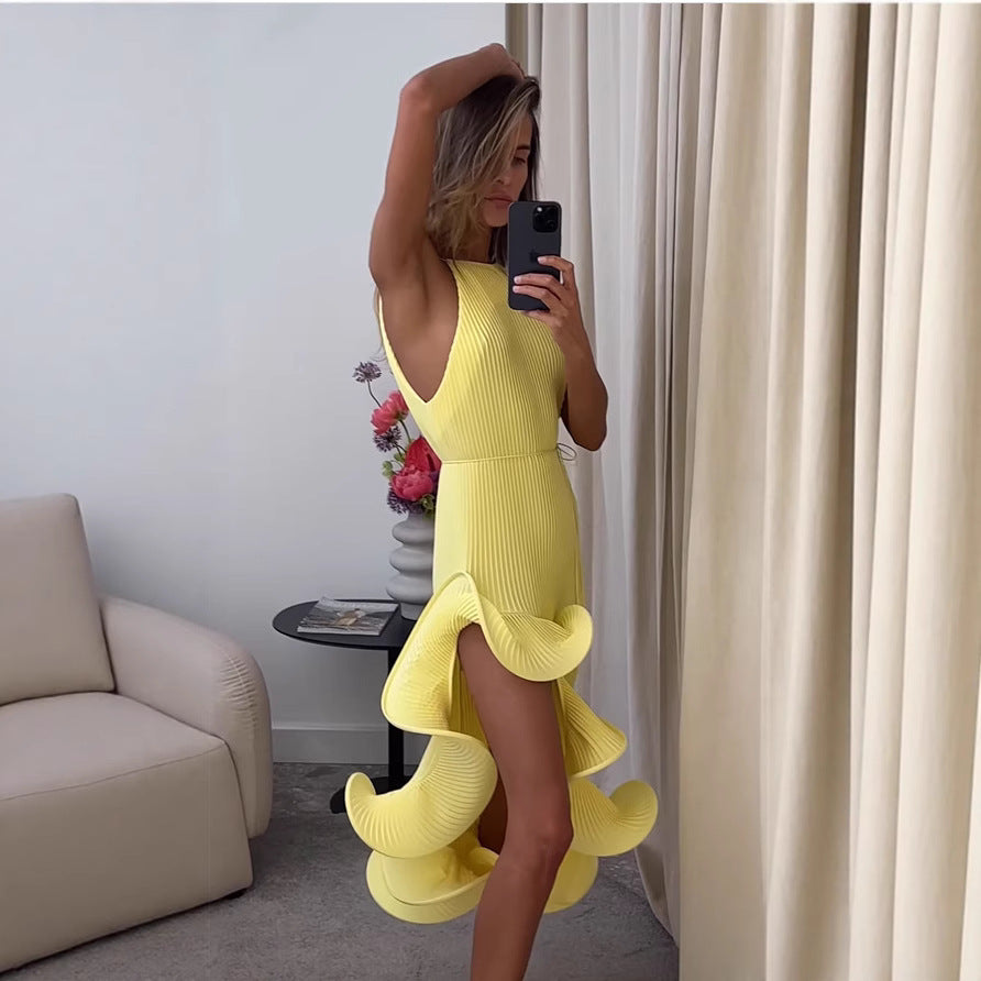 Irregular Ruffled Summer Sexy Sleeveless Lace Up Slim Dresses - Seldom Seen Styles