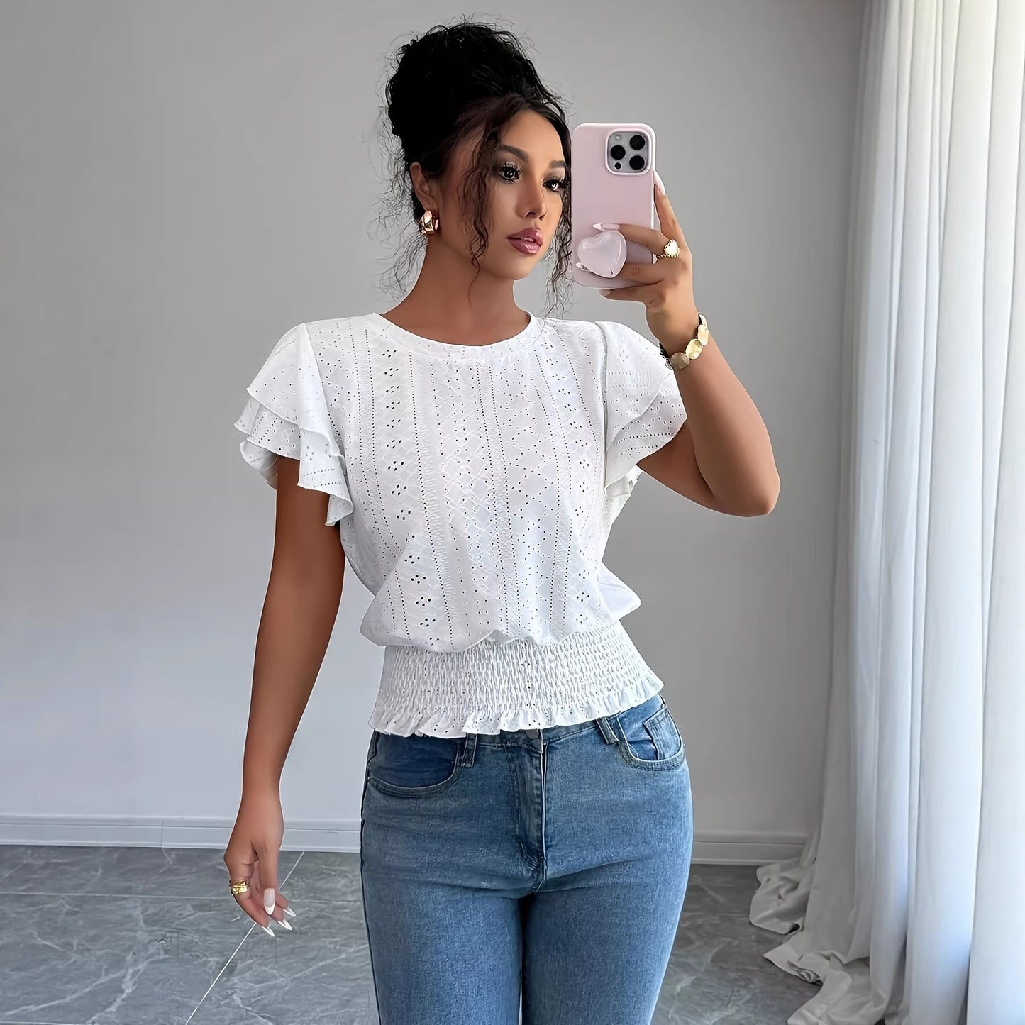 Women's Eyelet Flutter Sleeve Blouse Crew Neck Smocked Hem Casual Summer Top - Seldom Seen Styles