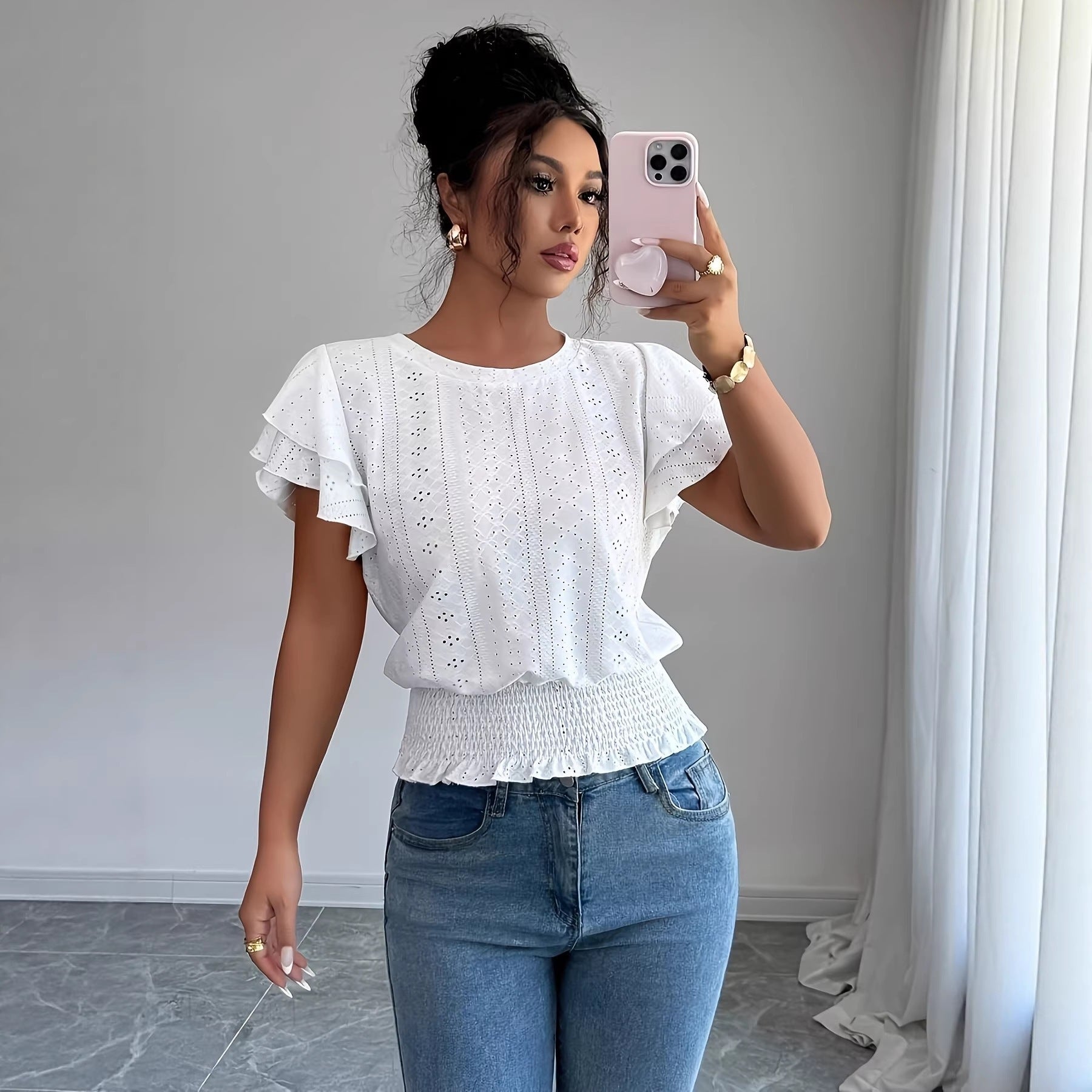 Women's Eyelet Flutter Sleeve Blouse Crew Neck Smocked Hem Casual Summer Top - Seldom Seen Styles