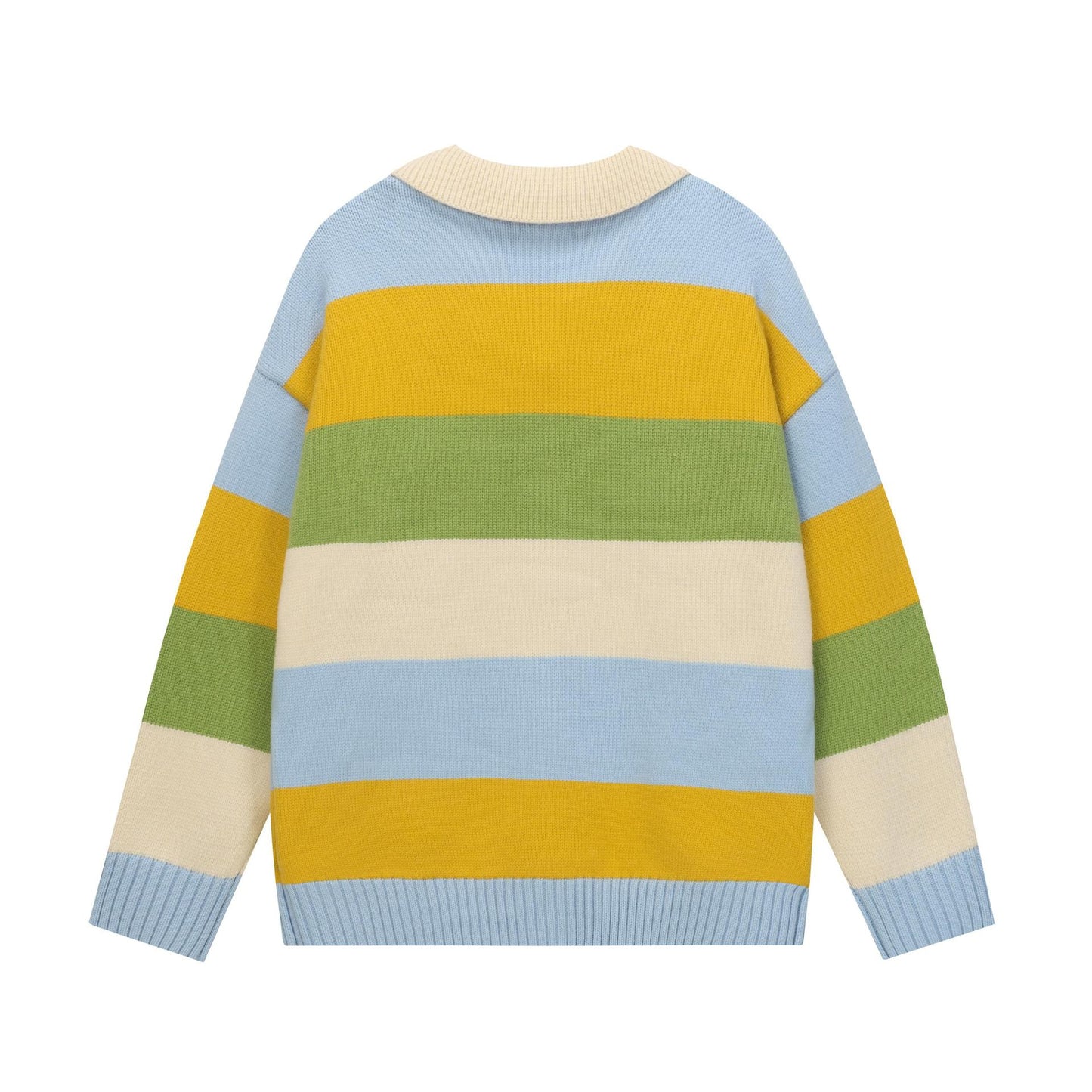 Cartoon Embroidery Colorful Striped Knit Cardigan Loose Fit Couple Casual Japanese Style Sweater Jacket | Stripe Toon Cardigan