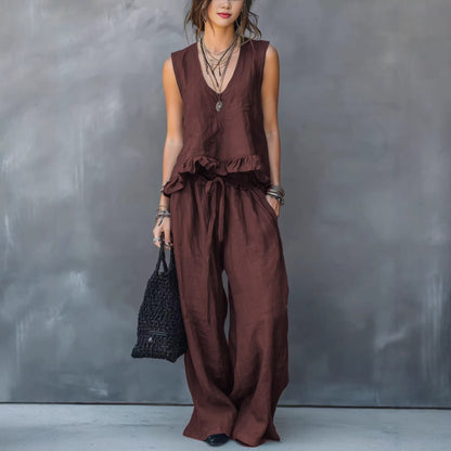 Women's V-Neck Sleeveless Ruffle Hem Casual Cover Up Top Loose Flowy Summer Vacation Outfit