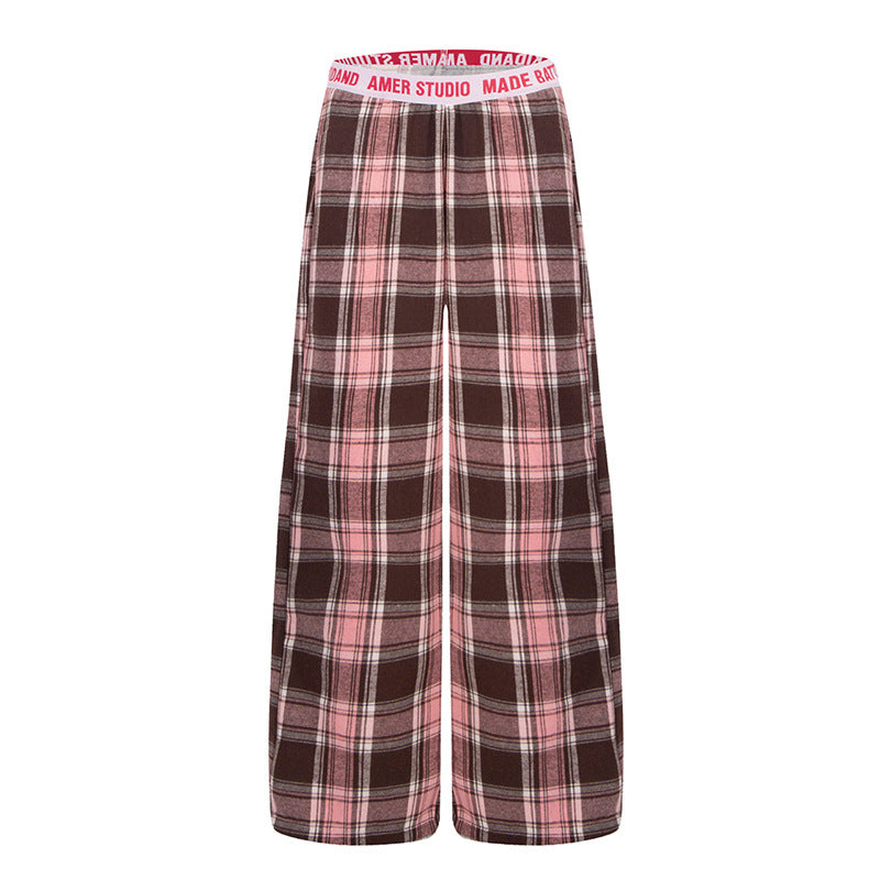 DARKAGE Plaid Wide-Leg Pants with Lettering Waistband