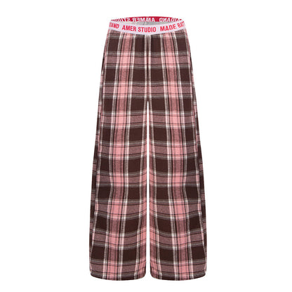 DARKAGE Plaid Wide-Leg Pants with Lettering Waistband