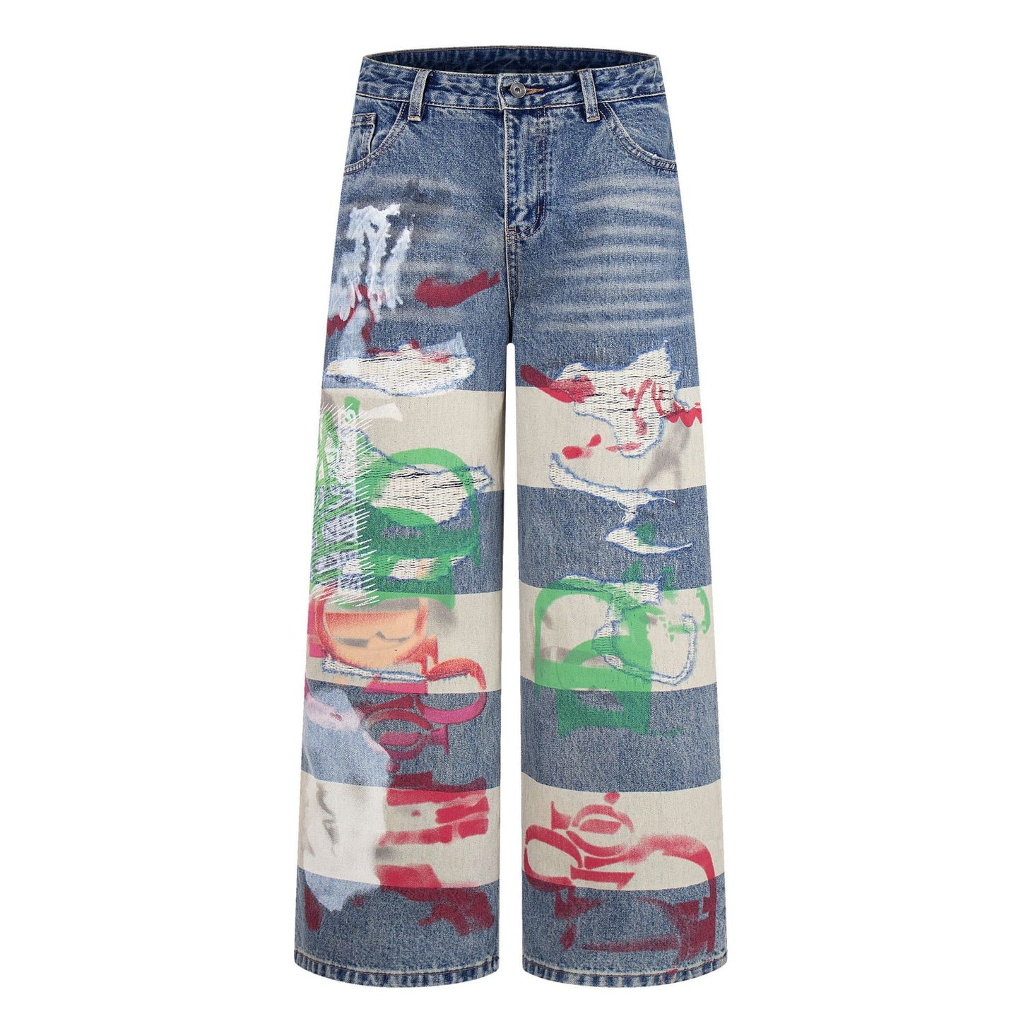 Graffiti Digital Spray Hole Patch Washed Heavy Straight Jeans Retro American Trendy Casual Denim Trousers | Spray Patch