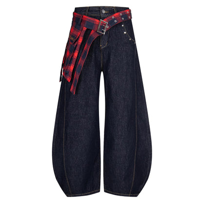 Embroidered Plaid Wide Leg Jeans Back Flap Washed Denim Loose Fit Clean Fit High Street Couple Casual Streetwear | Flap Wide Jeans