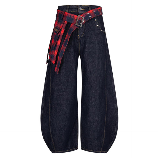 Embroidered Plaid Wide Leg Jeans Back Flap Washed Denim Loose Fit Clean Fit High Street Couple Casual Streetwear | Flap Wide Jeans