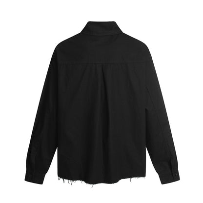 American Cartoon Sticker Print Raw Edge Long Sleeve Shirt Loose Casual Vibe Washed Trendy | Sticker Raw Shirt
