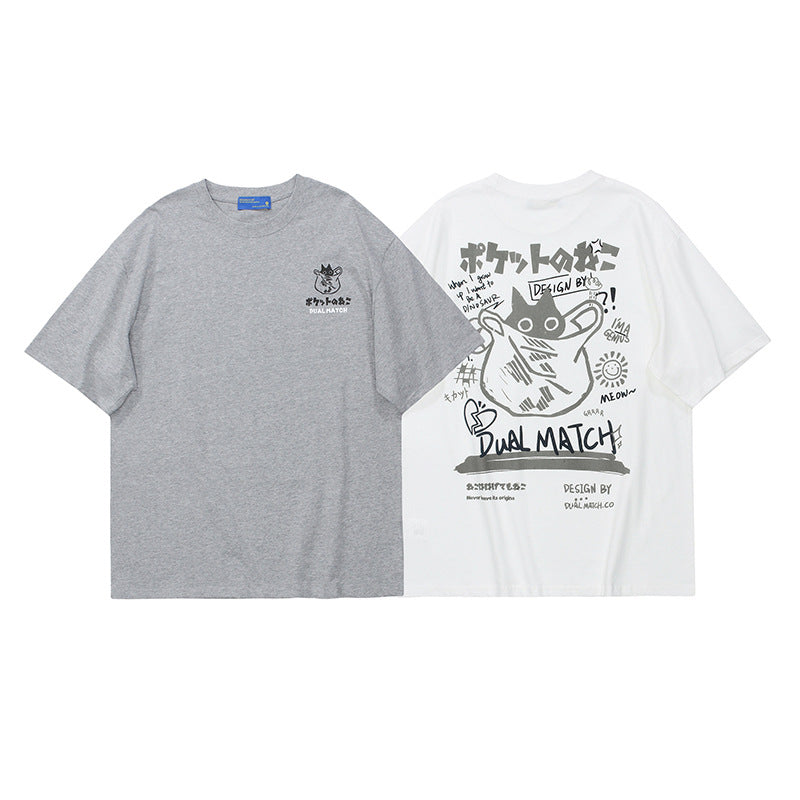 Crew Neck Short Sleeve Japanese Graffiti Cat Back Print T-Shirt Loose Oversized Retro Streetwear Casual Summer Top | Pocket Neko