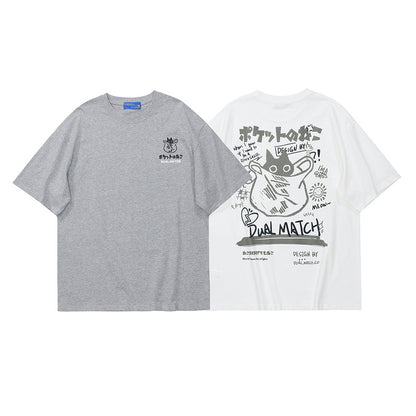 Crew Neck Short Sleeve Japanese Graffiti Cat Back Print T-Shirt Loose Oversized Retro Streetwear Casual Summer Top | Pocket Neko