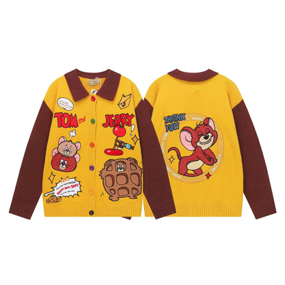 Cartoon Embroidery Color Block Kitty Knit Cardigan Unisex Loose Fit Niche Couple Sweater Jacket Streetwear | Kitty Cardi