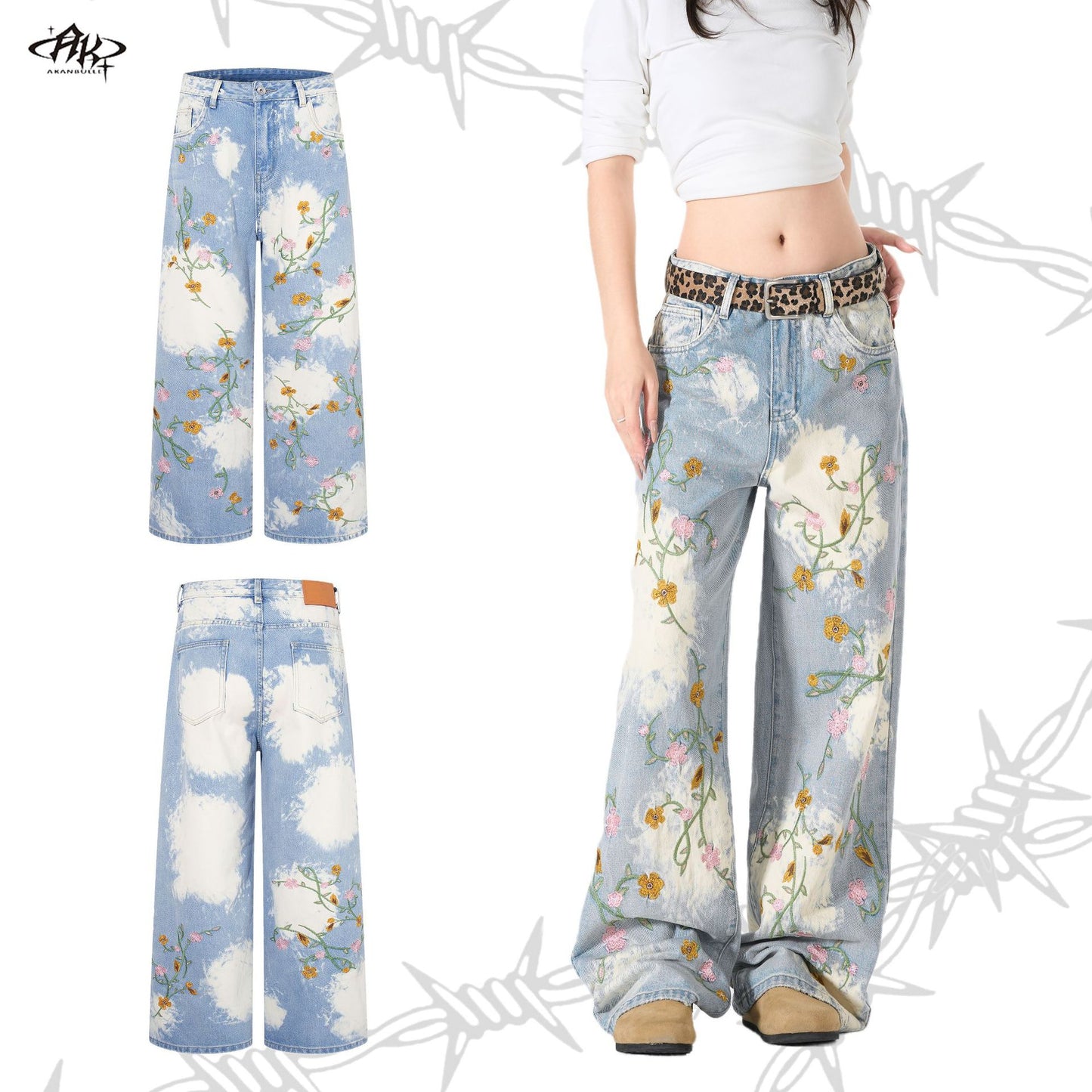Flower Embroidery Washed Heavy Straight Jeans Retro American High Street Trendy Casual Denim Trousers | Bloom Wash