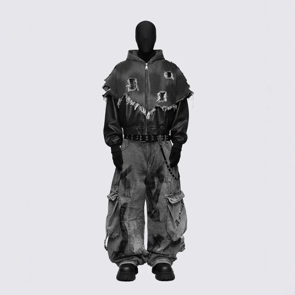 KIIKIO Streetwear Cargo Denim Pants with Belt and Chain Details