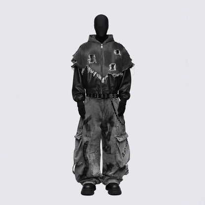 KIIKIO Streetwear Cargo Denim Pants with Belt and Chain Details