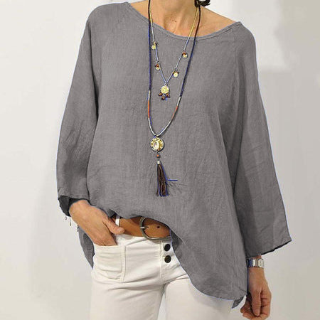 Women's Cotton Linen Blouse Casual Oversized Round Neck Top Loose Fit 3/4 Sleeve Tunic Shirt Boho Style