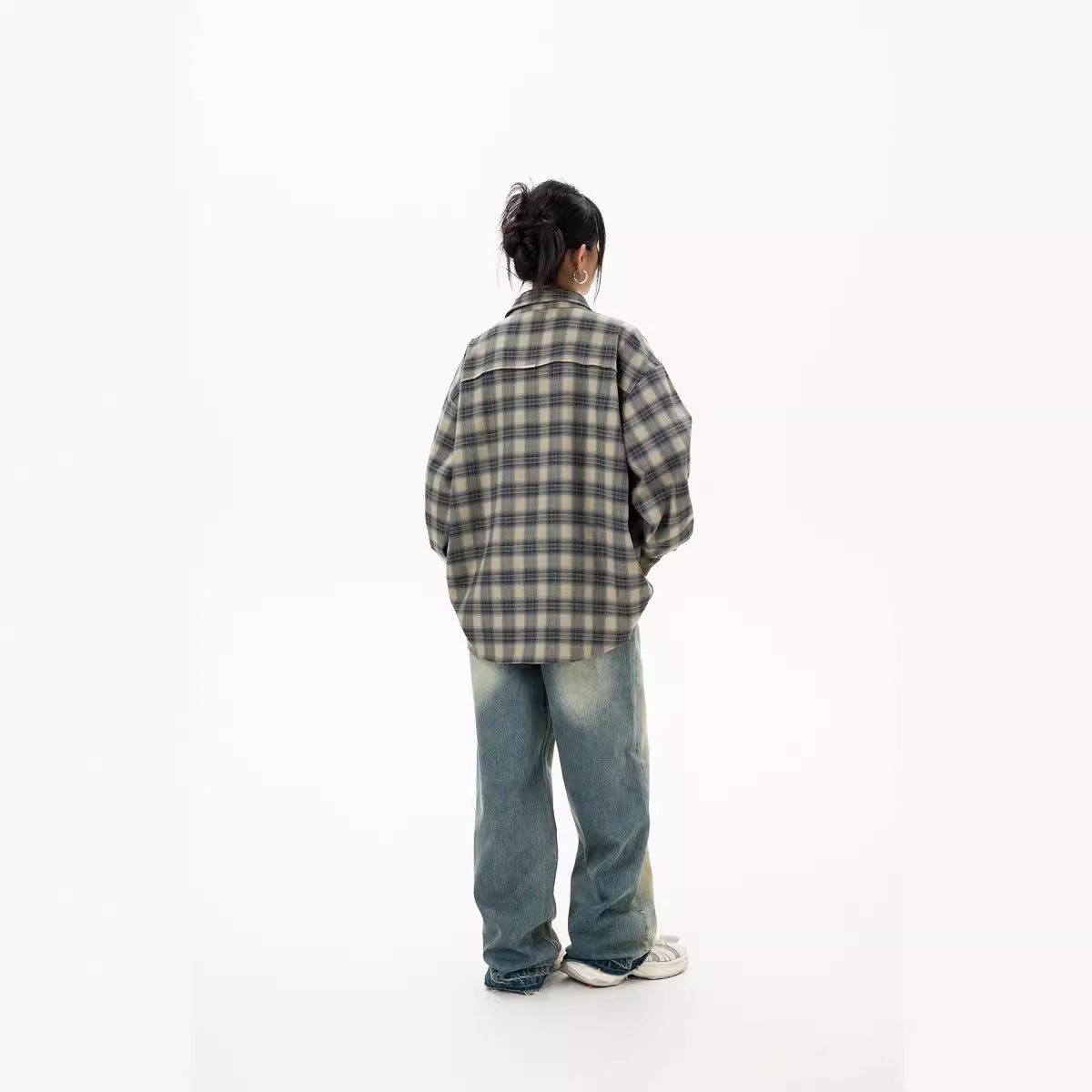 Japanese Retro Patch Splicing Plaid Long Sleeve Shirt Loose Couple Casual Street Trendy | Patch Plaid Shirt