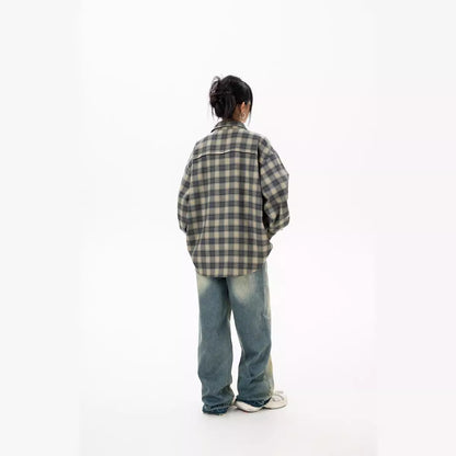 Japanese Retro Patch Splicing Plaid Long Sleeve Shirt Loose Couple Casual Street Trendy | Patch Plaid Shirt