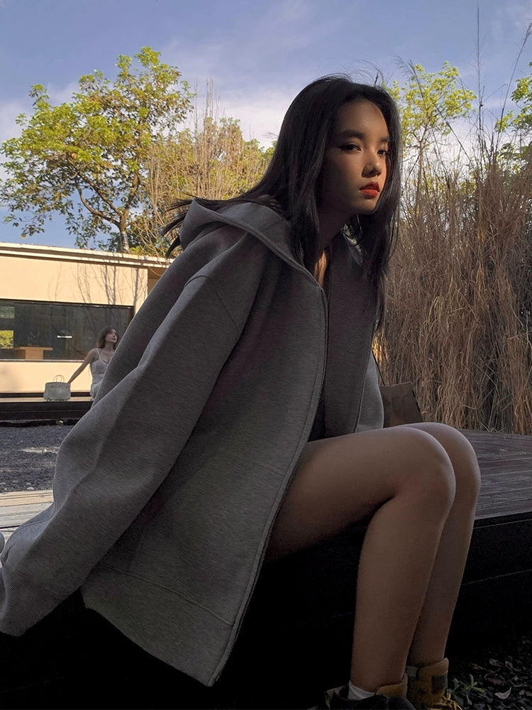 520G  retro top jacket oversize cardigan hooded sweater women loose lazy wind