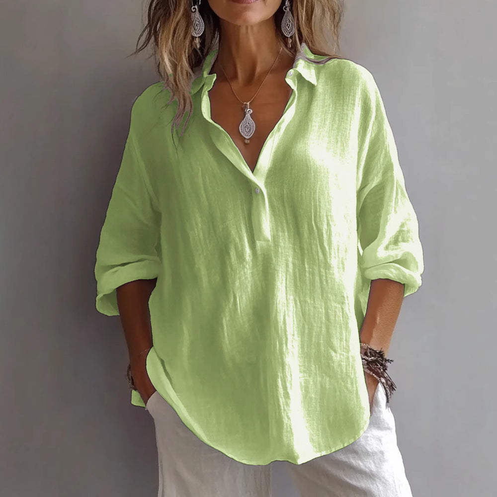 Women's Linen Blend V Neck Shirt Casual Loose Long Sleeve Blouse Lightweight Button Front Tunic Top