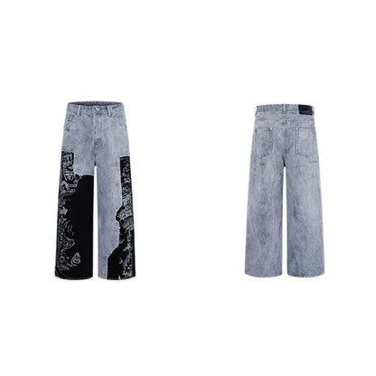Graffiti Splicing Design Loose Straight Denim Trousers Retro American Niche Streetwear Casual Spring Summer Jeans | Graffiti Drift