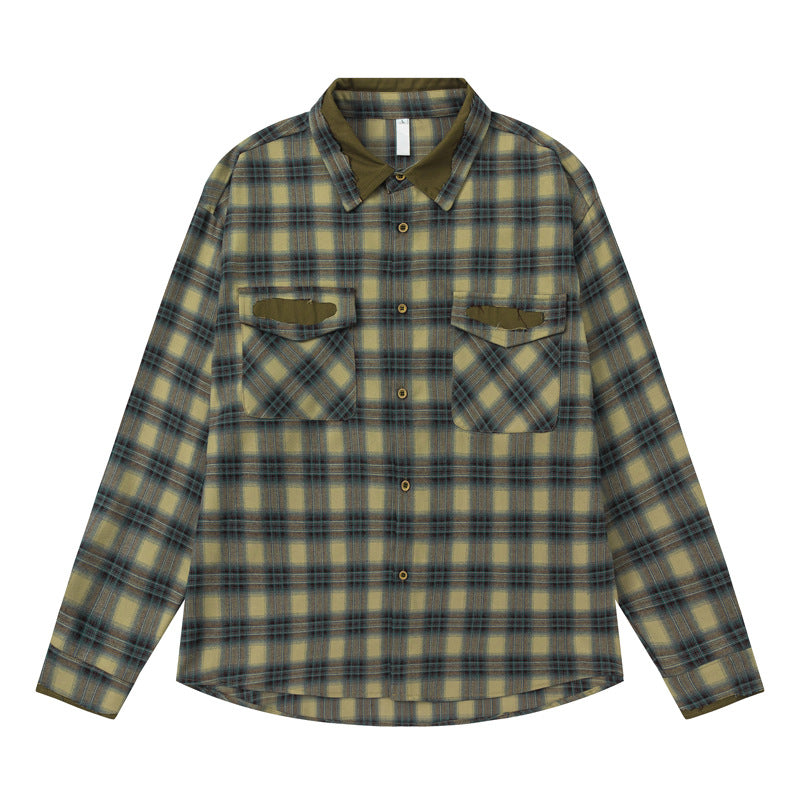 Japanese Retro Patch Splicing Plaid Long Sleeve Shirt Loose Couple Casual Street Trendy | Patch Plaid Shirt