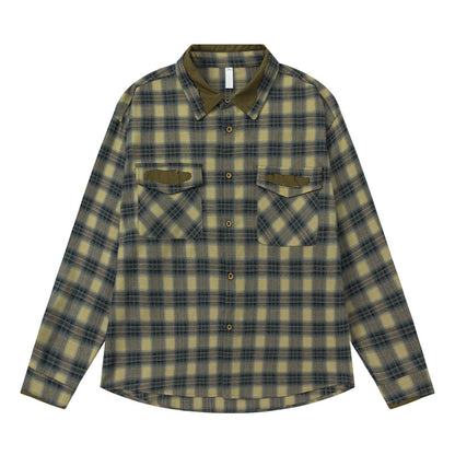 Japanese Retro Patch Splicing Plaid Long Sleeve Shirt Loose Couple Casual Street Trendy | Patch Plaid Shirt