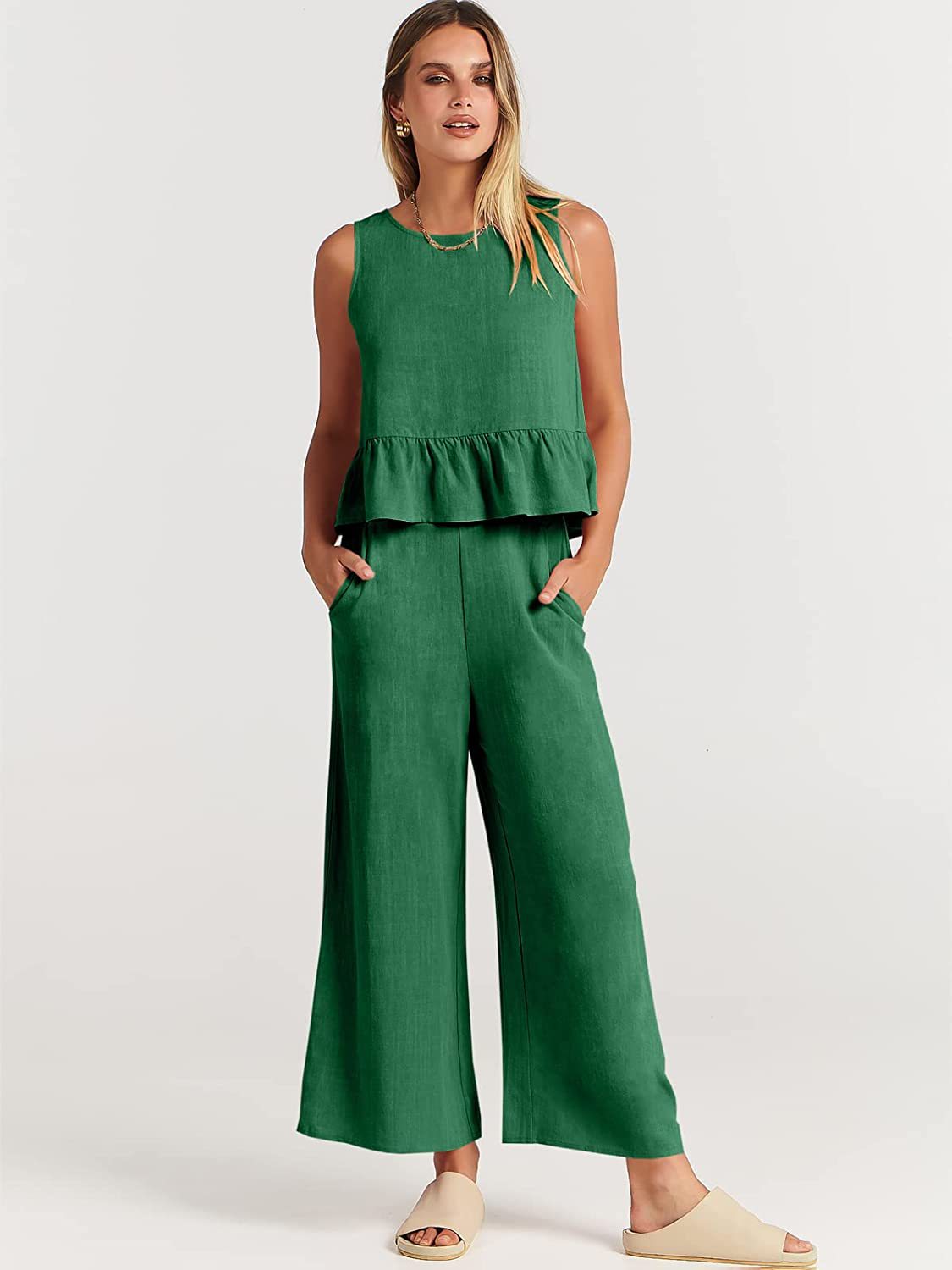 Women's Sleeveless Two Piece Pants Set Casual Ruffle Hem Top and Wide Leg Cropped Pants Matching Summer Outfit - Seldom Seen Styles