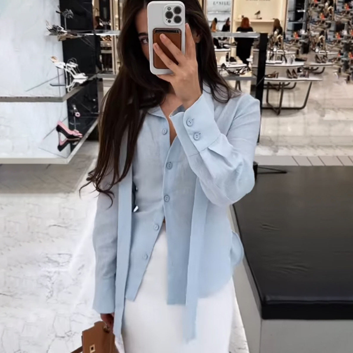 Strap-on shirt women's  autumn new streamer cardigan top commuter pure cotton slim-fit shirt women - Seldom Seen Styles