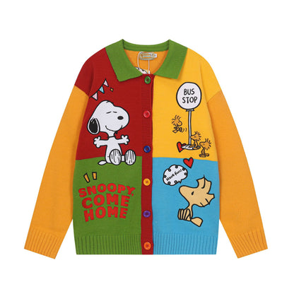 Color Block Embroidery Hello Kitty Knit Sweater Cardigan Unisex Loose Fit Cartoon Teen Streetwear Jacket | Stripe KT
