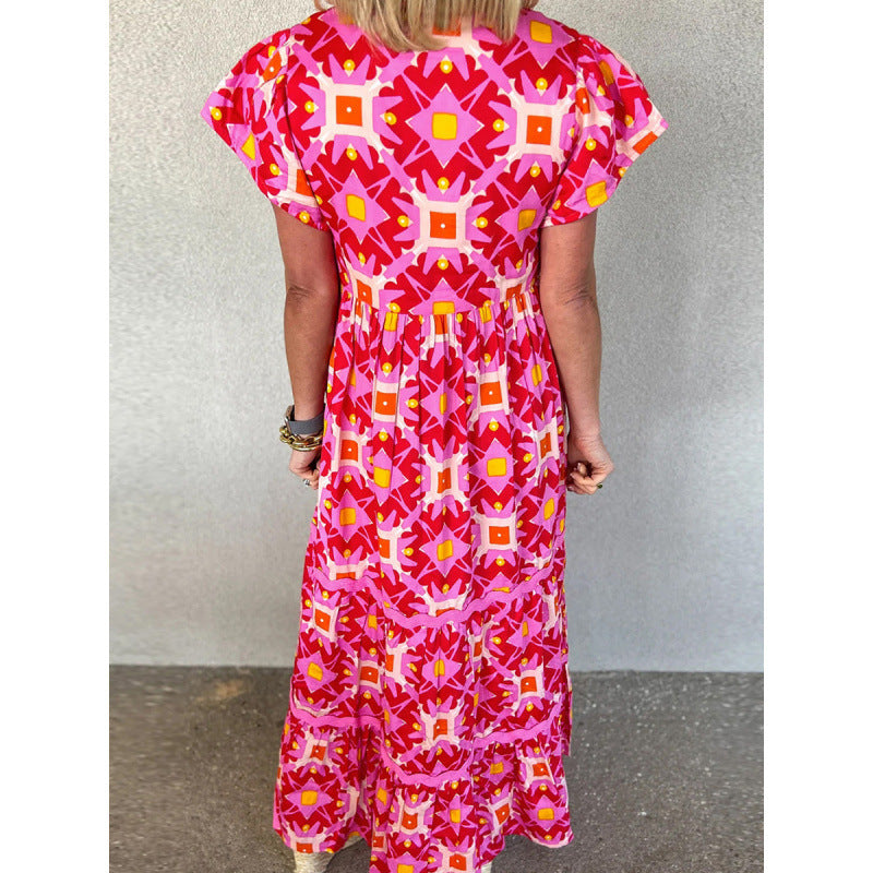 Women's Boho Print Maxi Dress V Neck Short Sleeve High Waist Summer Vacation Dress - Seldom Seen Styles