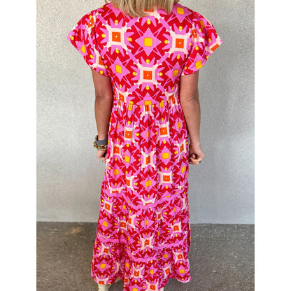 Women's Boho Print Maxi Dress V Neck Short Sleeve High Waist Summer Vacation Dress