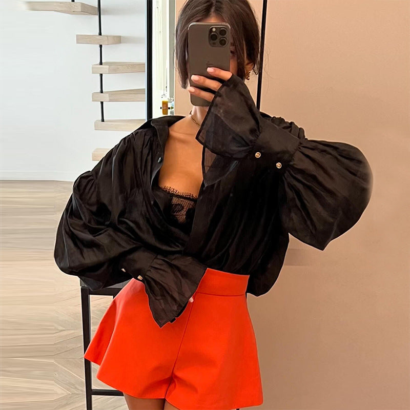 Autumn New Sweet and Fresh Loose Lapel Lantern Sleeve Long Sleeve Shirt Women's Top - Seldom Seen Styles