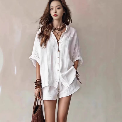 Women's Solid Color Loose Button Shirt Shorts Two Piece Set Casual Summer Outfit Fashion Suit