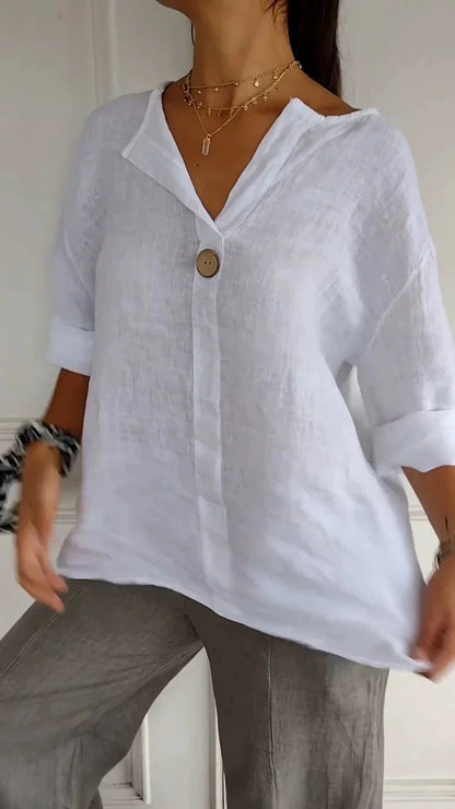 Women's Cotton Linen V-Neck Loose T-Shirt Button Detail Summer Casual Breathable Top Plus Size