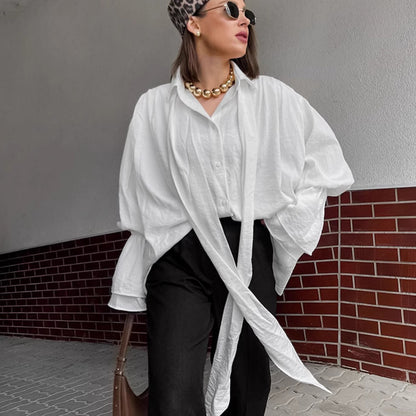 2025 autumn and winter new design sense commuter loose streamer shirt French design sense white horn sleeve top women