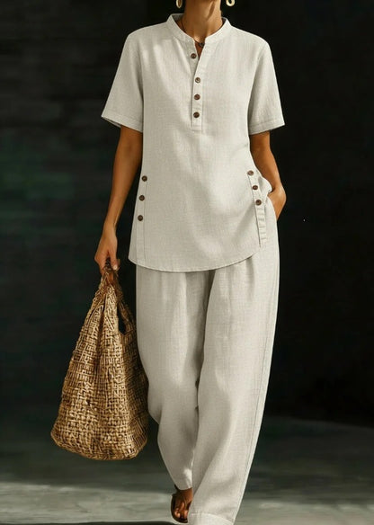 Women's Linen Button Up Shirt Wide Leg Pants Two Piece Set Summer Casual Vacation Outfit Plus Size