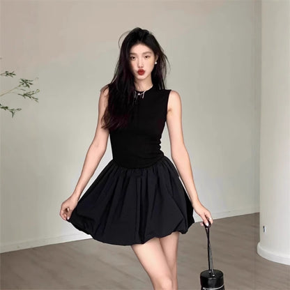 Women's Black Mini Dress Sleeveless Slim Fit Bubble Hem Party Dress