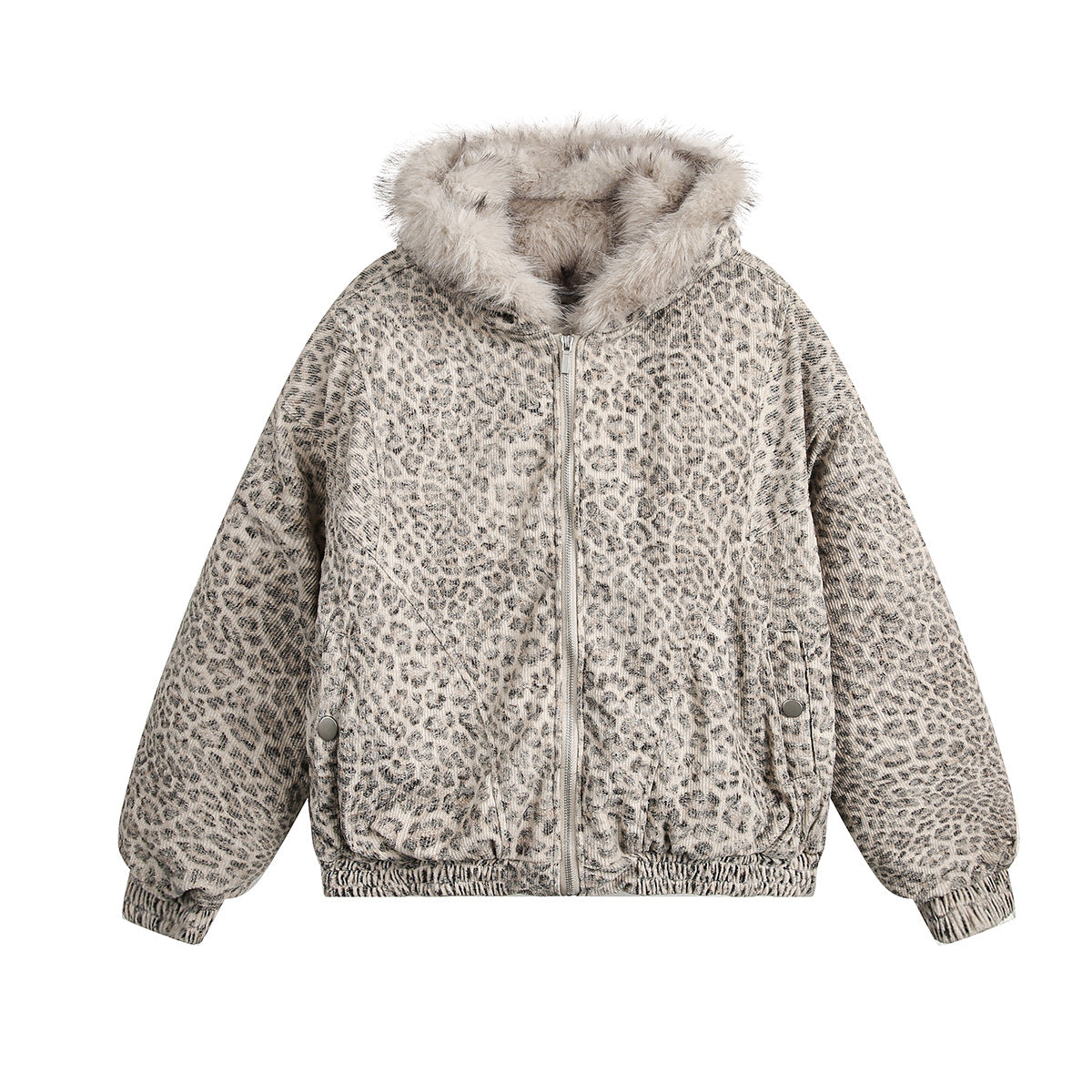 Retro Leopard Fur Collar Padded Bomber Jacket