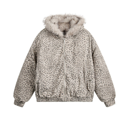 Retro Leopard Fur Collar Padded Bomber Jacket