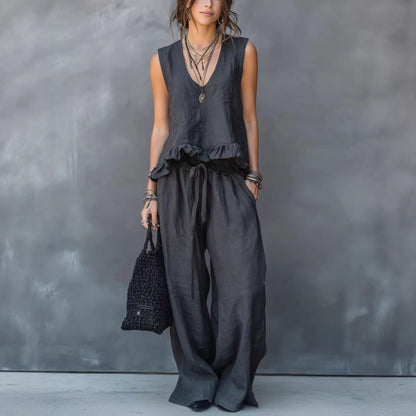 Women's V-Neck Sleeveless Ruffle Hem Casual Cover Up Top Loose Flowy Summer Vacation Outfit