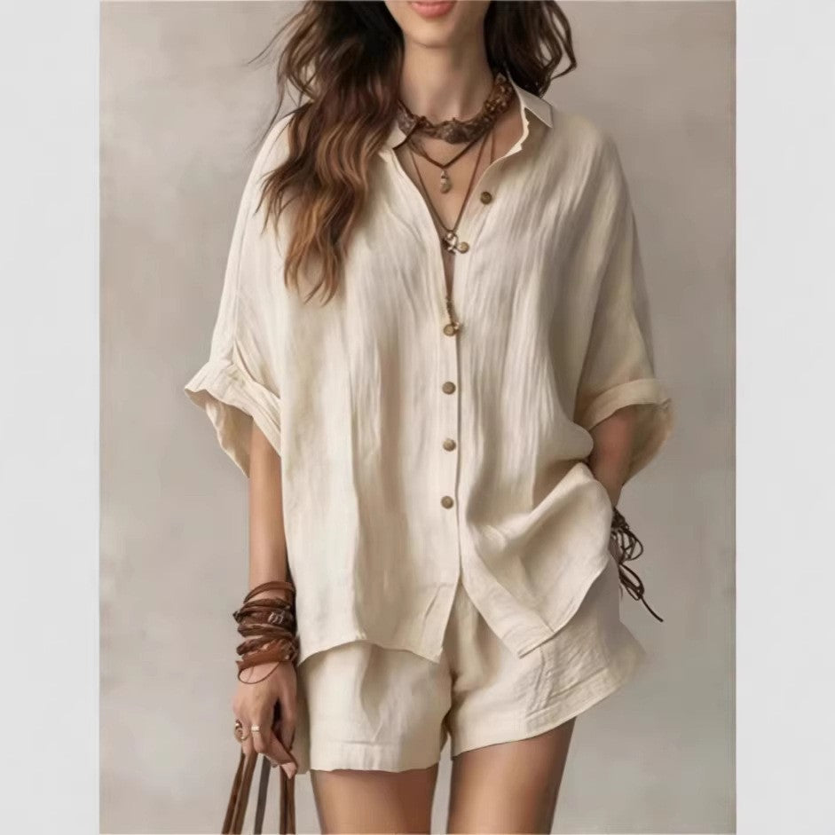 Women's Solid Color Loose Button Shirt Shorts Two Piece Set Casual Summer Outfit Fashion Suit - Seldom Seen Styles