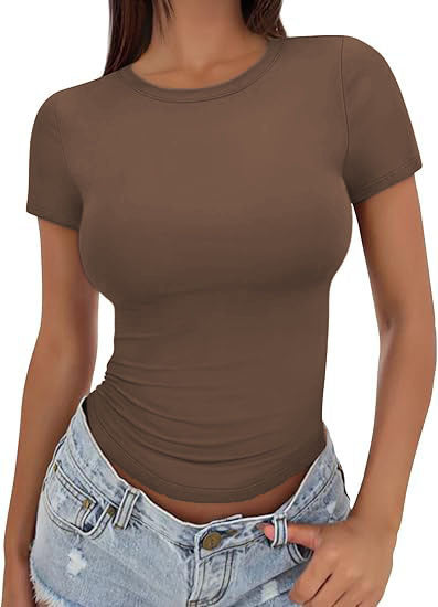 Women's Fitted Crew Neck T Shirt Slim Fit Short Sleeve Basic Tee Stretch Casual Summer Top