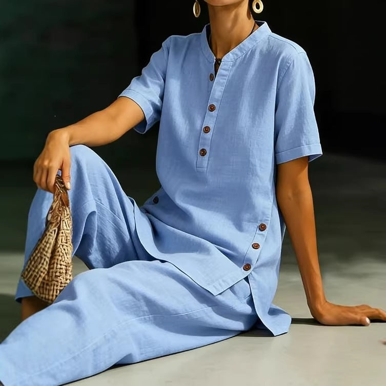 Women's Linen Button Up Shirt Wide Leg Pants Two Piece Set Summer Casual Vacation Outfit Plus Size - Seldom Seen Styles