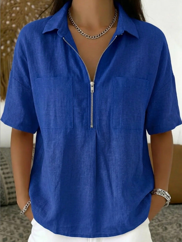 Women's Loose Lapel Short Sleeve Shirt V-Neck Zipper Casual Top Summer Vacation Outfit - Seldom Seen Styles