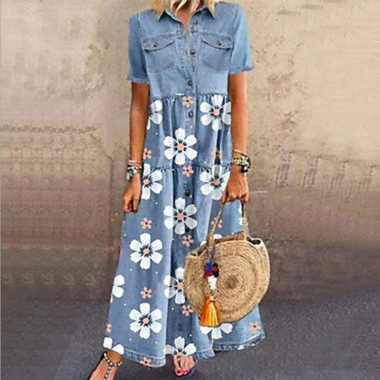 Women's Denim Maxi Dress Button Down Short Sleeve Casual Loose Shirt Dress with Pockets - Seldom Seen Styles